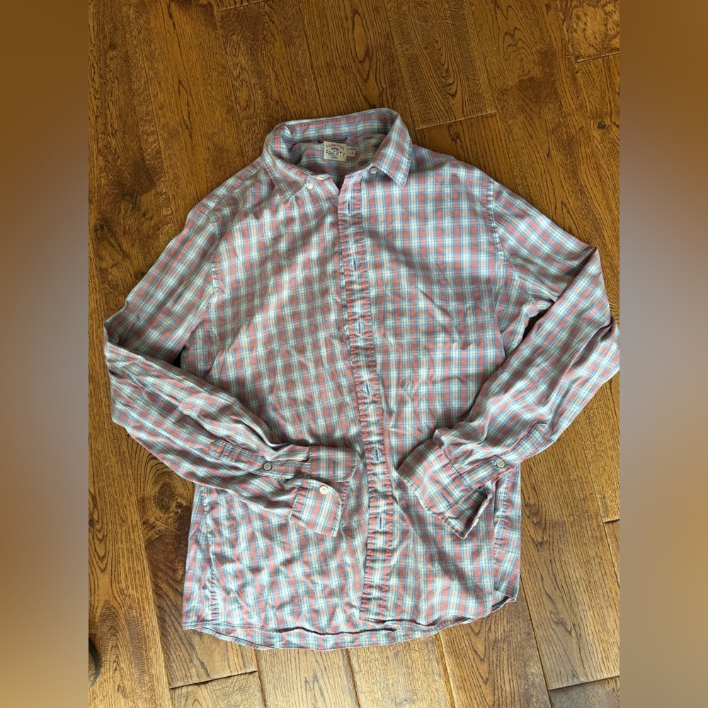 Faherty movement Large Blue Coral Plaid Button Up Long Sleeve Casual no flaws